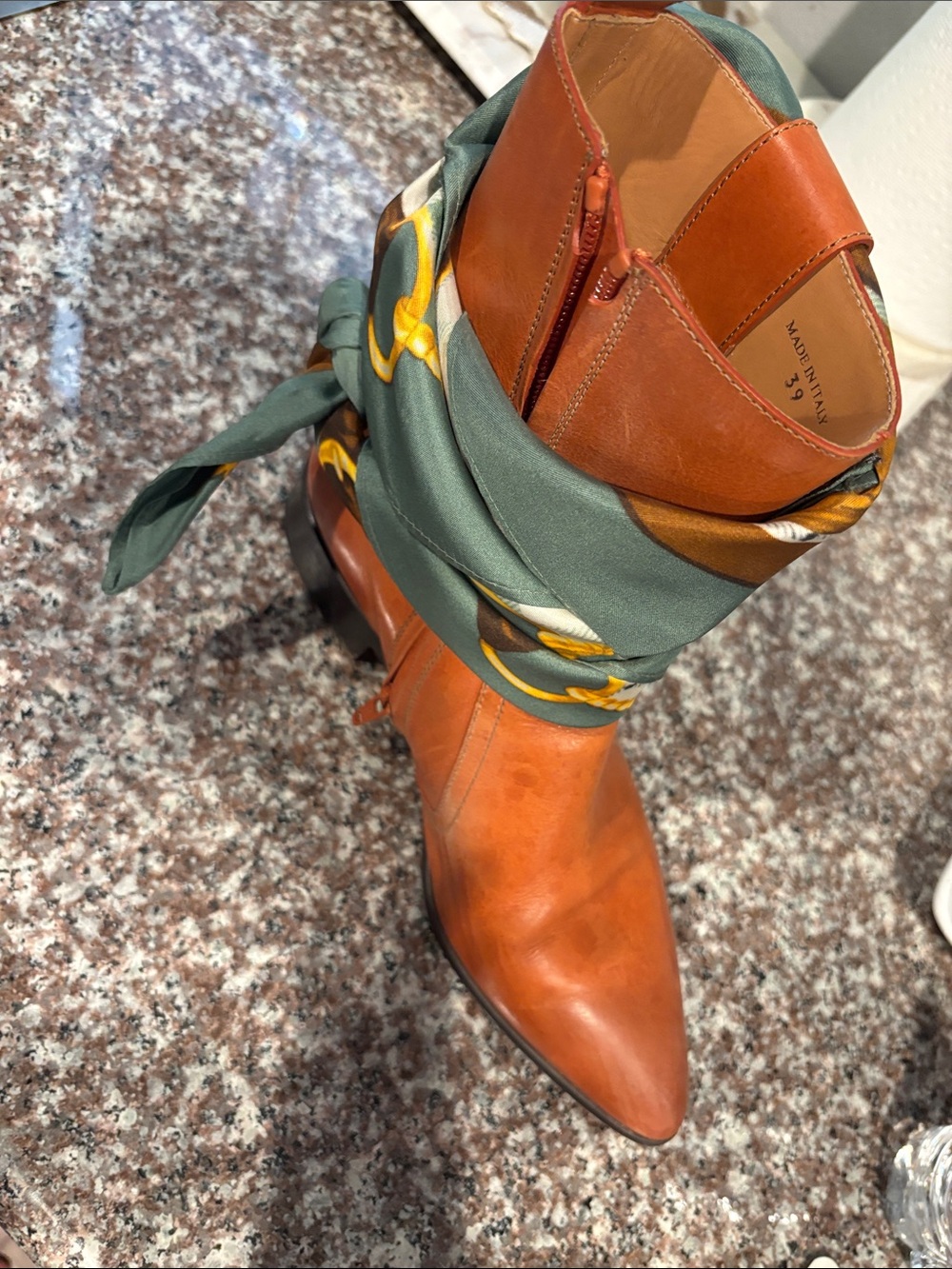 Maison Martin Margiela Rust Brown Leather Pointed Boot with Green Scarf Wrap